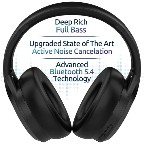 Active Noise Cancelling Headphones, Bluetooth Over Ear, Hi-Fi Stereo,100H Playback Time, High-Resolution Audio, Water Resistant, Deep Bass, Memory Foam Ear Cups, Home, Office, Studio,Travel, Work, Gym - color: Black
