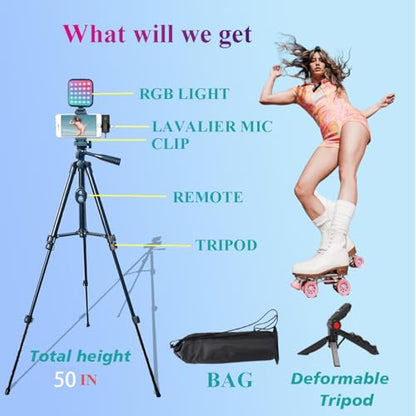 for iPhone Vlogging Kit, Vlogging Kit for Andriod Phone with Two Tripods RGB Light Lavalier Microphone Remote for YouTube Tiktok Content Creator - size: M with Wirless Mic