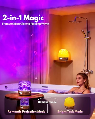Shower Light with Bluetooth Speaker, Waterproof Shower Lamp with White Noise, 16 Colors Ocean Wave Projector Light with Remote & Touch Control, Music Lamps for Shower Bathroom Bathtub (Walnut Grain) - color: Walnut Grain