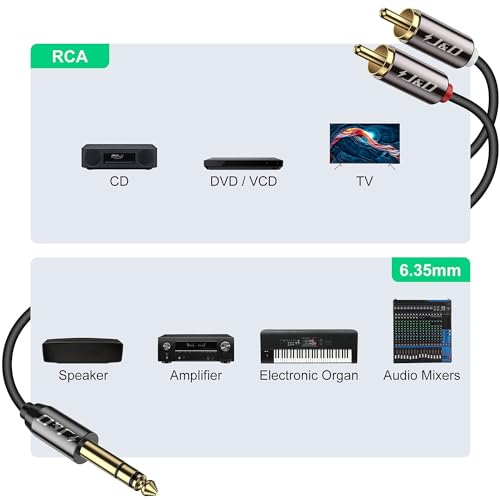 J&D 1/4 inch TRS to Dual RCA Audio Cable, Gold Plated Copper Shell Heavy Duty 6.35mm 1/4 inch Male TRS to 2 RCA Male Stereo Audio Y Splitter Cable, 15 Feet - size: 15ft