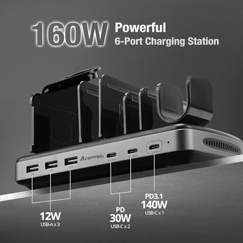 160W 6-Port USB-C and USB-A Charging Station Organizer with 140W PD 3.1 – Includes Cables – for MacBook, iPhone, iPad, AirPods, Smartphones, Tablets, and Gaming Devices - Black