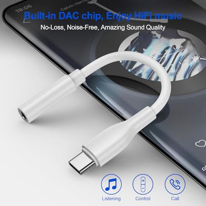 USB C to 3.5mm Headphone Adapter for Samsung Galaxy S26 S25 Ultra S24FE S23 | 3.5mm to usb c Audio AUX Mic Jack Adapter Dongle Cable for Google Pixel 10A 10 Pro Fold XL 9 Rro XL 8 Pro,iPhone 17 16 15 Pro - color: White