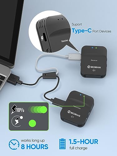 Moman Wireless Lavalier Microphone, 2.4GHz Compact Wireless Lapel Mic System with Noise Cancellation Transmission 8H Battery Life for DSLR Cameras/Smartphone/Tablet/Live Streaming (C1 Solo) - size: C1