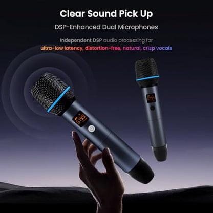 Wireless Microphone Kit, Dual Handheld Rechargeable Karaoke Mics with Receiver, Low Latency, 15m/49ft Range, 6H Duration, Compatible with V10 Series Car Stereo for Singing Party