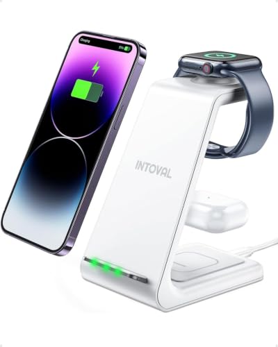 Intoval 3 in 1 Wireless Charging Station for iPhone and Apple Watch,Fast Wireless Charger Stand,Compact Desk Charging Dock for iPhone17 16 15 14 13/Pro/Max, iWatch11 10 9 Ultra/SE 3/4,AirPods - color: White
