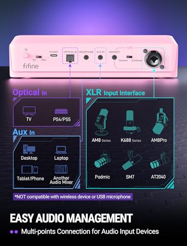 FIFINE SC8P USB Audio Mixer for Game Chat with 7.1ch Surround sound | For PC,RGB,Headphone Preamp,Mute Button,Volume Control,Optical Input,48V Phantom Power,3 EQ Modes,Game Chat Balacnce Pink