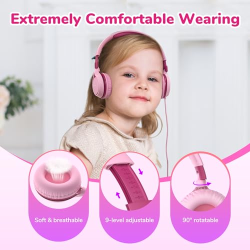EarFun S1 Kids Headphones, Wired Headphones for Kids, Lightweight, Pink | Stereo Sound, Adjustable Headband, 85dB Volume Limit, Portable On-Ear Headphone for School/Travel/Boys/Girls/PC/Tablet, Pink - color: Pink