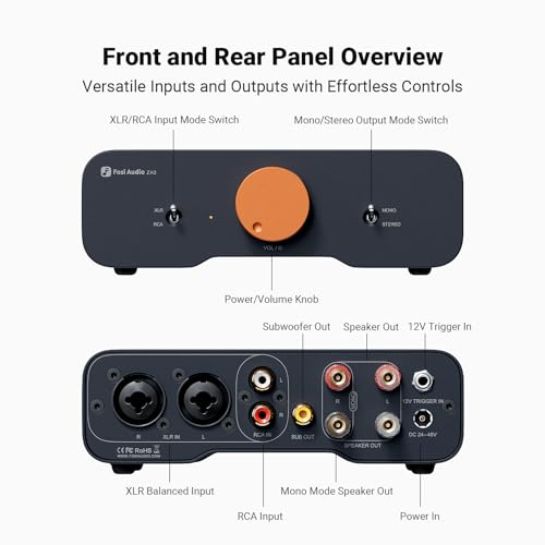 Fosi Audio ZA3 Balanced Stereo Amplifier Home Audio Component Mini 2 Channel Mono Amp TPA3255 for Subwoofer Desktop Home Theater Bookshelf Tower Floorstanding Passive Speakers with 48V Power Supply