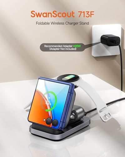 Wireless Charger for Z Flip 8/7, 3-in-1 Charging Station for Galaxy Watch | Foldable Portable, for Z Flip 8/7/7 FE/6/5/4/Z Fold8, for Samsung Watch 8 Classic/8/Ultra/7/FE/6, SwanScout 713F, NO Adapter