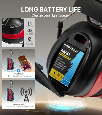 AM FM Radio Hearing Protection Earmuff, Bluetooth 5.4, 30SNR | Rechargeable Hearing Protectors with Gel Earpads, Headphones for Lawn Mowing, Construction, Chainsaw, Landscaping - color: Am/Fm+ Bluetooth-red