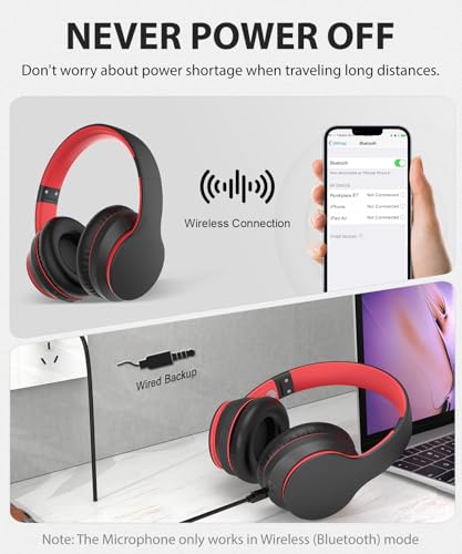 rockpapa E7 Wired/Wireless Bluetooth Headphones with Mic, 25 Hours Playtime | 2 in 1 Wire less Blue tooth Head Phones Foldable Lightweight for Kids Boys Girls Youth in School Airplane Car Black Red - color: Black Red, style: without Case