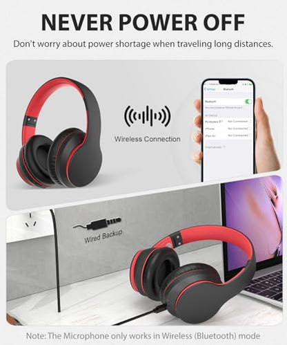 rockpapa E7 Wired/Wireless Bluetooth Headphones with Mic, 25 Hours Playtime | 2 in 1 Wire less Blue tooth Head Phones Foldable Lightweight for Kids Boys Girls Youth in School Airplane Car Black Red - color: Black Red, style: without Case