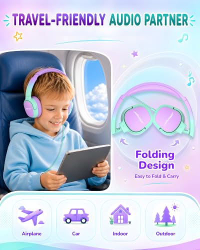 Kids Headphones with Safe Volume Limited for School Travel (GreenPurple) | 3.5mm Wired, Foldable, Stereo Sound On-Ear Headset for iPad Computer Boys Girls - color: GreenPurple