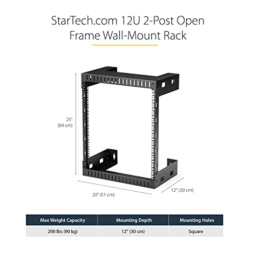 StarTech.com 2-Post 12U Heavy-Duty Wall-Mount Network Rack, 19" Open Frame Server Rack, 12" Deep, Wall Mount Data Rack for IT / AV / Patch Panel / Computer Equipment (RK12WALLO) - size: 12U