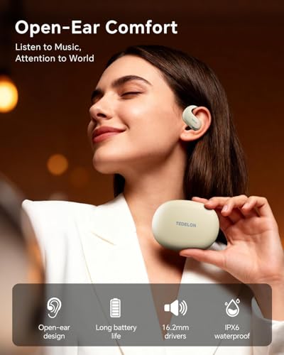 Open Ear Earbuds, 50H Open Ear Headphones Bluetooth 5.4, IPX6 Open Ear buds Wireless with Ear hook, Hi-res Stereo, AI Clear Call, Lightweight, Wireless Over Earbud for Workout, Gym, Running, Beige - color: Beige