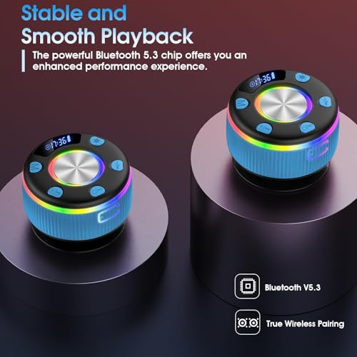 Bluetooth Shower Speaker, IP7 Waterproof Portable Bluetooth 5.3 Speakers with Suction Cup, Mini Wireless Speaker with RGB Lights Time Display, Loud Stereo Sound for Bathroom Beach Outdoor Party, Blue