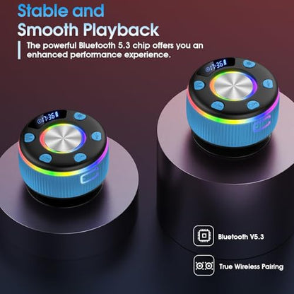 Bluetooth Shower Speaker, IP7 Waterproof Portable Bluetooth 5.3 Speakers with Suction Cup, Mini Wireless Speaker with RGB Lights Time Display, Loud Stereo Sound for Bathroom Beach Outdoor Party, Blue