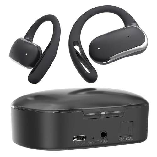 2.4GHz Wireless TV Headphones for Seniors, Open-Ear Hook Design for All-Day Comfort, Plug-and-Play (No Bluetooth), Low Latency, 50ft Range, Charging Case Transmitter with Optical & 3.5mm AUX Cables
