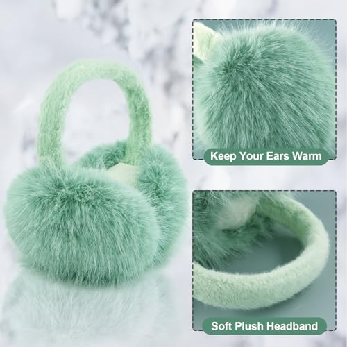 Earmuffs for Women Girls Faux Fur Fuzzy Headband Foldable Ear Covers Cold Weather Accessory - color: Green