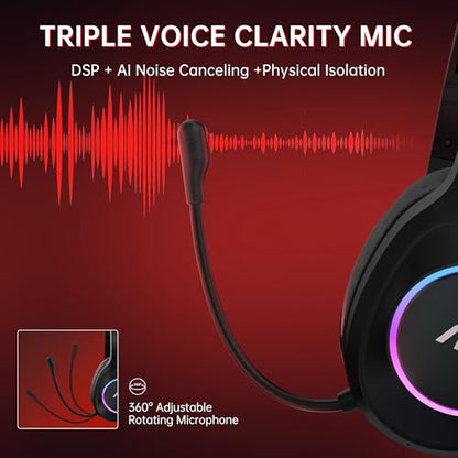 AOC Bluetooth Gaming Headset with Mic for PC, PS5/4, Nintendo Switch- Red | USB-C & Bluetooth 5.4 & 2.4GHz Gaming Headphones with Noise Canceling Mic, 7.1 Virtual Surround, 20ms Latency, 45H, RGB - color: Red