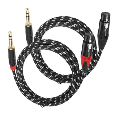 XLR Female to 1/4 (6.35mm) TRS Mono Jack Microphone Cable, 6.6 FT, 2 Pack, Black and White Grid Protective Layer, Balanced 3 Pin XLR to Quarter inch TRS Plug Mic Cord, Pure Copper and Plated Pin - size: 6.6 FT 2 Pack, style: B/W 6.35 to XLR Female