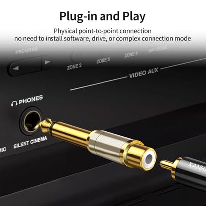 RCA Female to 1/4 Inch 6.35mm TS Male Mono Plug Adapter Solid Copper Gold-Plated Connector 2 Pack