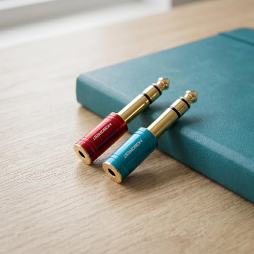 MOBOREST 1/4 to 3.5mm Audio Headphone Adapter, Pure Copper (1Red & 1Blue) | 6.35mm Male to 1/8(3.5mm) Female adapter connectors for lossless TRS sound, guitar amp, piano, keyboard, mixer, studio - color: 1RED+1BLUE