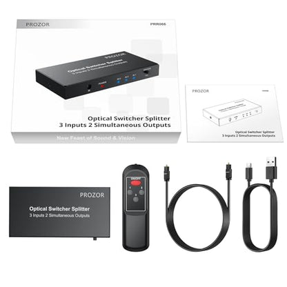 PROZOR Digital Audio Switcher Splitter - 3 in 2 Out 3 Port Spdif Toslink Optical Switch with Remote Control, Aluminum Alloy Material 2 Way Digital Audio Splitter Support LPCM 2.0 DTS Dolby-AC3 | with Remote Control Aluminum Alloy Material 2 Way 3 Port Spd