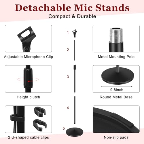Copkim 2 Sets Mic Stand Round Base Microphone Stand Universal Detachable Podcast Mic Stand for Singing Studio Stage Karaoke, Height Adjustable from 33" to 60", with Mic Clip, 3/8'' to 5/8''adapter