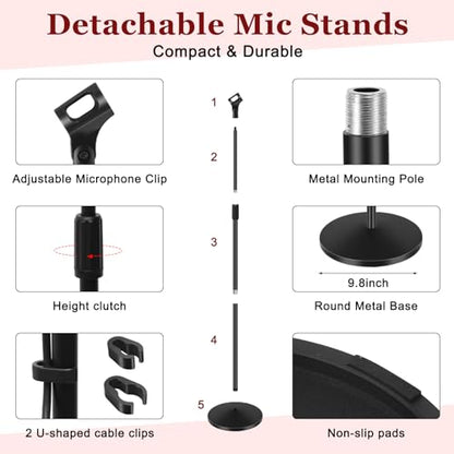 Copkim 2 Sets Mic Stand Round Base Microphone Stand Universal Detachable Podcast Mic Stand for Singing Studio Stage Karaoke, Height Adjustable from 33" to 60", with Mic Clip, 3/8'' to 5/8''adapter