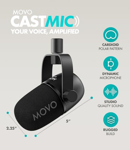 Movo Podcast Equipment Bundle for 2 with USB Audio Interface and 2 CastMic Dynamic Podcast Microphone Bundle with Mic Boom Arms and Headphones for Podcasting, Streaming, and Musicians - Podcast Kit - style: with Boom Arms and Headphones