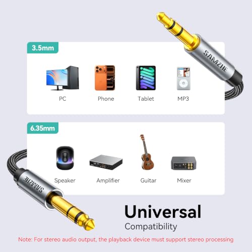 SAMZHE 1/8 to 1/4 Stereo Cable 3.5mm TRS to 6.35mm Audio Cable Guitar to Aux Male Cord with Alum Alloy Housing and Nylon Braid for Guitar, Laptop, Home Theater Devices, Speaker and Amplifiers 10FT - size: 10 FT