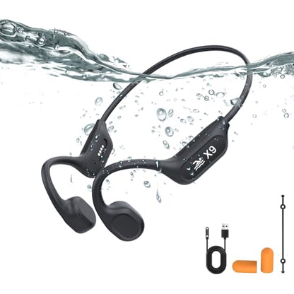 Swimming Headphones - Bone Conduction Bluetooth 6.0 Open Ear Sports Headset, IP68 Waterproof Built-in MP3 Player 32G Memory, for Running, Cycling (Black)