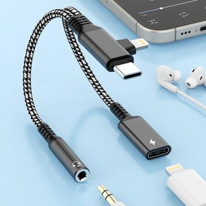 2-in-2 Lightning & USB C to 3.5mm Aux Audio Jack Headphone+Type-C Charge Cable Splitter，Earphone Converter Adapter for Music+Charge+HiFi for iPhone14 13 12,iPad,Samsung【Apple MFi Certified】-Black