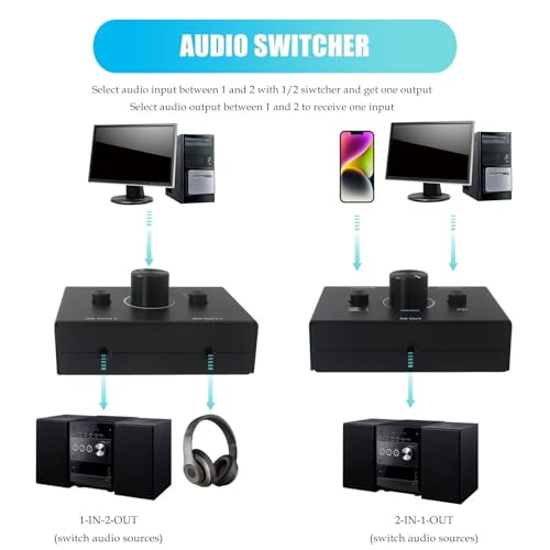 Homesweet 3.5mm L/R Stereo Audio Switch 2-Way Switcher Manual Selector Audio Spliter Box 1 in 2 Out/2 in ONE Out Audio Sharing (Black)