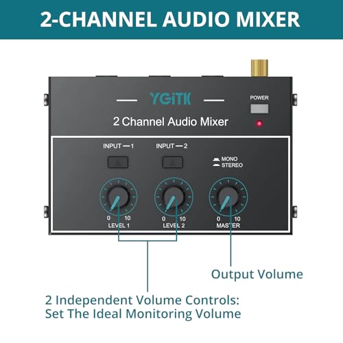 Mini Audio Mixer, 2 Channel Stereo Line Mixer 1/4" & 1/8" TSR Audio Output Input Jack, Line Mixer Stereo/Mono Independent Control and Switch for Guitars,Bass,Keyboards, Dynamic Microphone - size: Small(2-channel)