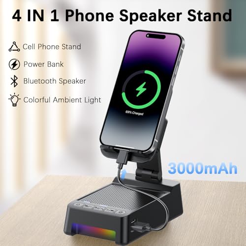 Wireless Induction Speaker 5-in-1 Bluetooth Speaker with Phone Stand, Father's Day Present, Stereo Sound 8 RGB Ambient Light, 360° Rotation Adjustable Desktop Stand for iOS Android - color: Black
