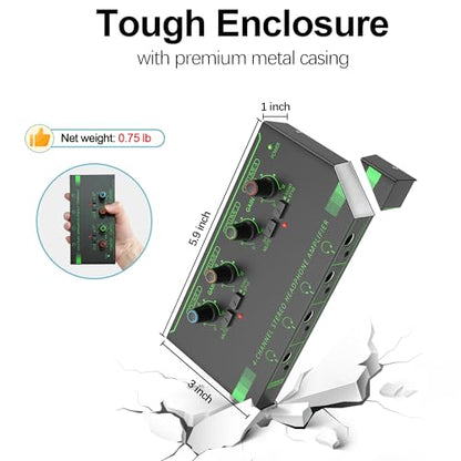 HOSONGIN 4 Channel Headphone Amplifier, Portable Mini Earphone Splitter with Independent Volume Control, Low Noise Stereo Output, Compatible with 1/4" & 1/8" TS/TRS, Ideal for Studio Stage