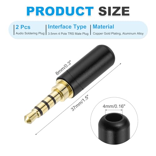 MECCANIXITY 2Pcs 3.5mm Replacement Repair Plug Jack, 4 Pole Metal Stereo Male Plug 3.5mm Solder DIY Audio Cable Connector for Headphone Earphone Microphone Cable Repair, Bright Black - color: Bright Black
