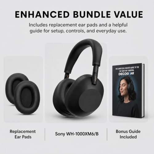 Sony WH1000XM6/B Best Wireless Noise Canceling Headphones, Black Bundle with Deco Essentials Headphones Ear Pads Replacement Headset Ear Cushions and Deco Gear Unofficial Master Guide - color: Charcoal