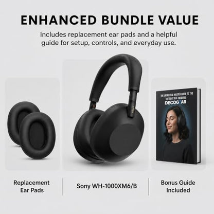 Sony WH1000XM6/B Best Wireless Noise Canceling Headphones, Black Bundle with Deco Essentials Headphones Ear Pads Replacement Headset Ear Cushions and Deco Gear Unofficial Master Guide - color: Charcoal