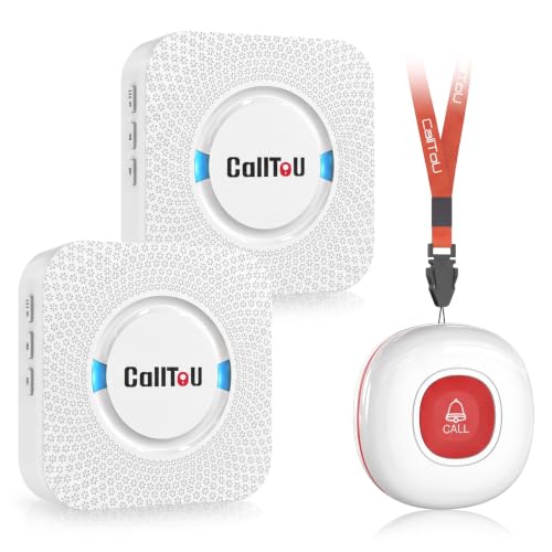 CallToU Wireless Caregiver Pager Call Button for Elderly at Home Nurse Alert System 500+ Feet for Seniors/Elderly/Patient/Disabled 2 Plugin Receivers 1 Waterproof SOS Button - color: white 1+2