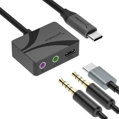 SABRENT USB-C to 3.5mm Audio Adapter with 100W PD, 24-Bit (AU-PACM) | USB-C external sound card; headset mic & stereo out; 96kHz; 100W PD passthrough