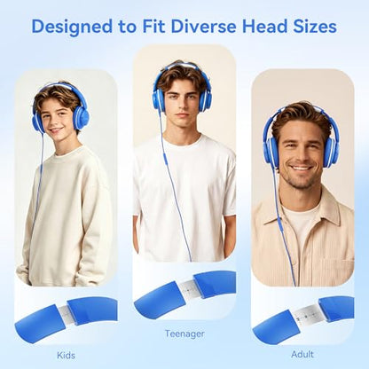 Wired Headphones with Microphone, Over Ear Lightweight Foldable 3.5mm Plug in Corded Headphones Wired with Volume Control, 4.9ft Tangle-Free Cord for Tablet Laptop MP3/4 School Travel Blue White | Wired Over Ear Foldable Corded Headphones for Teens Classr