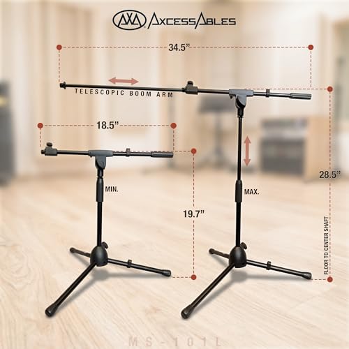 AxcessAbles Low-Profile Microphone Tripod Stand with Boom Arm | Adjustable Height Short Floor Mic Stand with Boom | Kick Drum Mike Stands | Guitar Amp Stands (2-Pack) - style: 2 Mic Stands