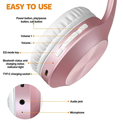Rydohi Wireless Bluetooth Headphones Over Ear 68H Playtime HiFi Stereo Headset with Microphone and 3EQ Modes Foldable Bluetooth V5.3 Headphones for Travel Smartphone Computer Laptop - color: Rose