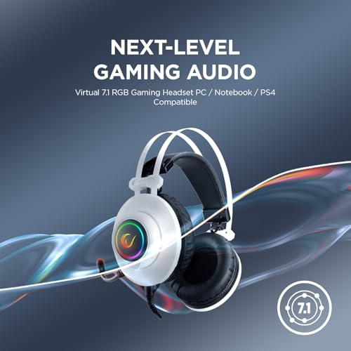 Rampage RM-K1 Pulsar 7.1 Virtual Surround Sound RGB Gaming Headset – 50mm Drivers, Flexible Microphone, Noise Isolation, Comfortable Over-Ear Design – USB Wired (White) - color: White
