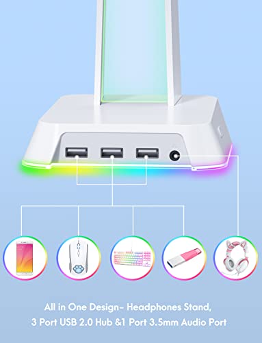 PHNIXGAM RGB Headphone Stand with 3.5mm AUX and 3 Port USB 2.0 Hub, White