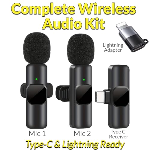 Wireless Lavalier Microphone USB-C Devices, Dual Clip-On Mics with Receiver+USB-C to iOS Adapter, Plug&Play Mic Set for Video Recording, Interviews, Streaming, YouTube, Vlogging, TikTok