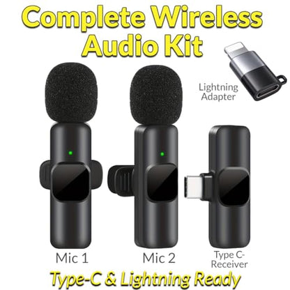 Wireless Lavalier Microphone USB-C Devices, Dual Clip-On Mics with Receiver+USB-C to iOS Adapter, Plug&Play Mic Set for Video Recording, Interviews, Streaming, YouTube, Vlogging, TikTok